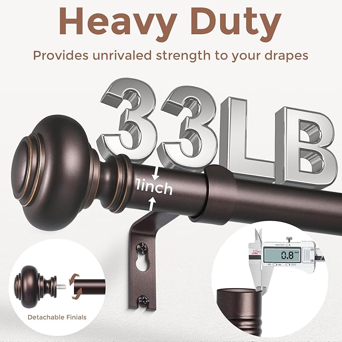 2 Pack Bronze Curtain Rods for Windows 30 to 56 Inch, Decorative Heavy Duty Single-Side Adjustable 1'' Antique Brown Curtain Rod, Vintage Rustic Metal Drapery Pole Set for Farmhouse Bedroom