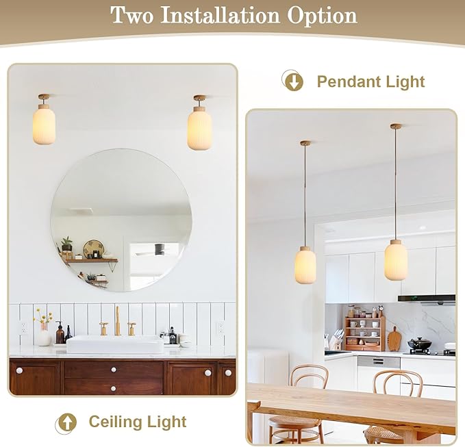 Mid Century Modern Pendant Lights Kitchen Island Large Ribbed Milk Glass Pendant Light Farmhouse Foyer Pendant Lighting Fixture White Pendant Lighting for Kitchen Island (2 Pack)