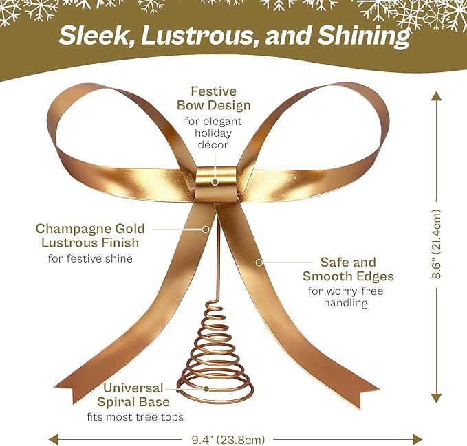 Large Metal Bow Christmas Tree Topper,9.4 Inch Champagne Gold Tree Topper,Champagne Gold Bow Christmas Tree Decorations for Xmas Home Decor Holiday Party Indoor Outdoor Shop Office