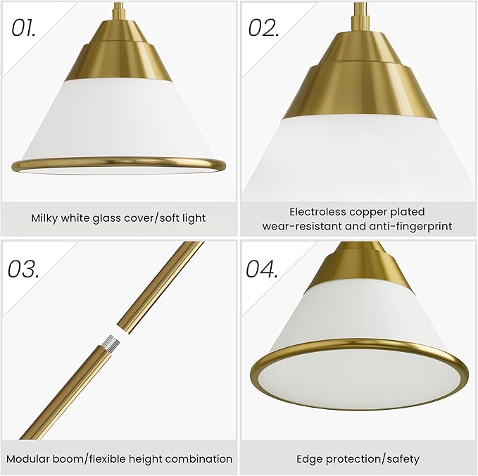 Milk Glass Pendant Light Fixture for Kitchen Island, 9.4" Gold Vintage Chandelier with Adjustable 6 Hanging Poles Pendant Light for Dining Room, Living Room, Stairway, Hallway, or Entrance
