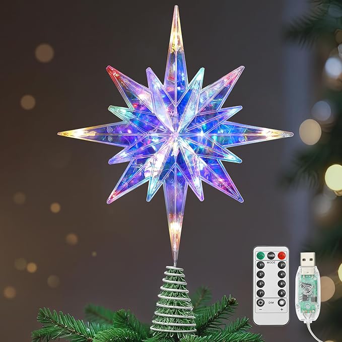 Lewondr Christmas Star Tree Topper, 15.35'' Christmas Tree Topper with 20 LED Bulbs, Remote and USB Operated Bethlehem Polaris Treetop for Home Decor, 6 Hrs Timer and 8 Modes Xmas Decor, Colored Light