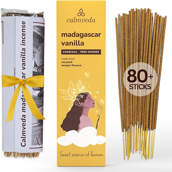 Madagascar Vanilla Incense Sticks Warm - (80 Scent Sticks) Charcoal Free, Made from Upcycled Flowers | Sweet, Cozy-Warm & Earthy Notes | Relaxing Incense & Healing Incense Sticks