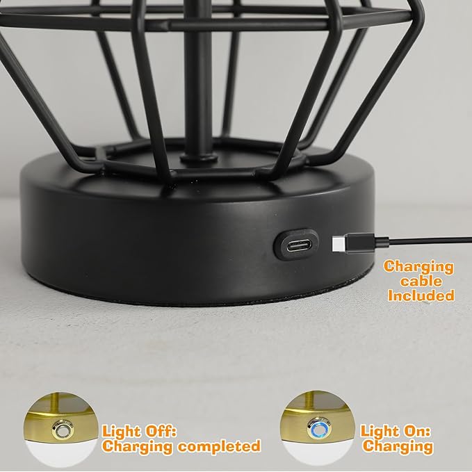 Black Cordless Lamp Set of 2,Touch Stepless Dimming,8000mAh Rechargeable Battery Table Lamp,Black Cage Frame Wireless Lamp,White Lampshade,14.7inches Tall