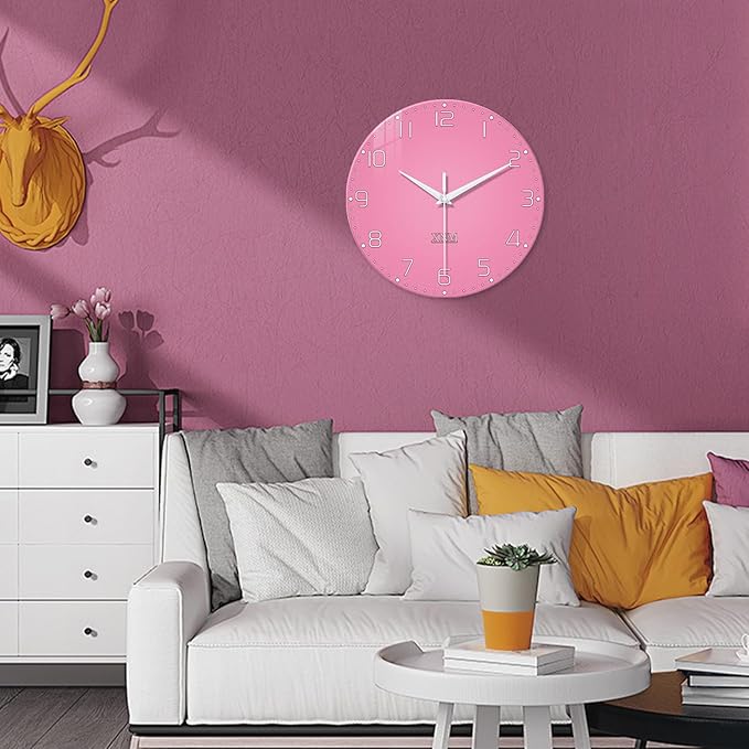 XNM Minimalist Bedroom Clock for Teen Girls Pink Analog Clock Battery Operated 16 Inch Glass Big Wall Clock Silent