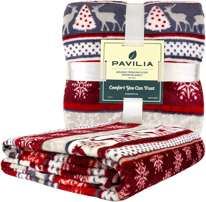 Pavilia Holiday Reindeer Snowflakes Fleece Throw Blanket | Soft, Plush, Warm Winter Cabin Throw, 50x60, Red