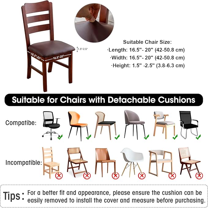 Waterproof PU Leather Seat Covers for Dining Room Chairs Set of 4, Stretch Dining Chair Slipcovers, Kitchen Chair Seat Covers, Non-Slip & Washable (Brown)