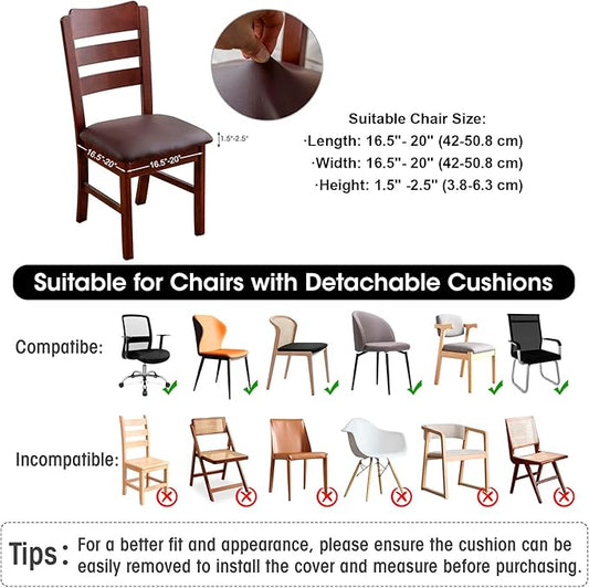 Waterproof PU Leather Seat Covers for Dining Room Chairs Set of 6, Stretch Dining Chair Slipcovers, Kitchen Chair Seat Covers, Non-Slip & Washable (Brown)