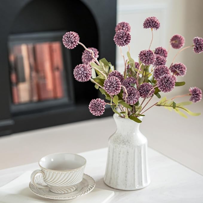 Laelfe Artificial Kiku Flower - 5 Pcs Fake Pompon Mums Silk Small Chrysanthemum Faux Ball Fall Flower Stem Decor for Autumn Wedding Filler DIY Bouquet Centerpieces Arrangements Shower (Grey Purple)
