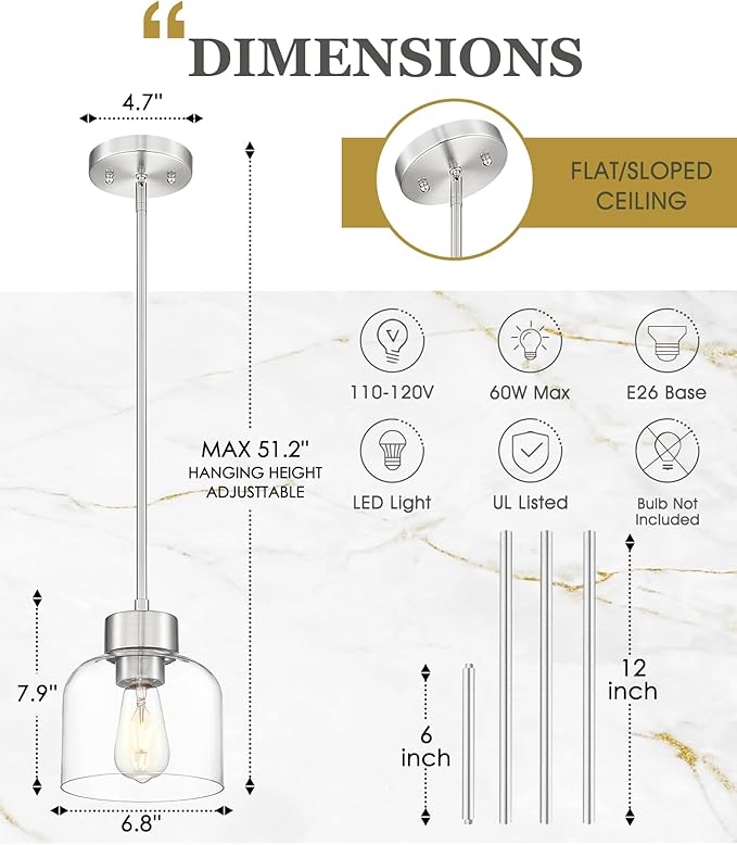 Pendant Lights Kitchen Island, 7" Brushed Nickel Hanging Lights Fixtures with Clear Glass Shade, Modern Kitchen Pendant Lighting Over Island for Dining Room, AD-24024-1P-SN