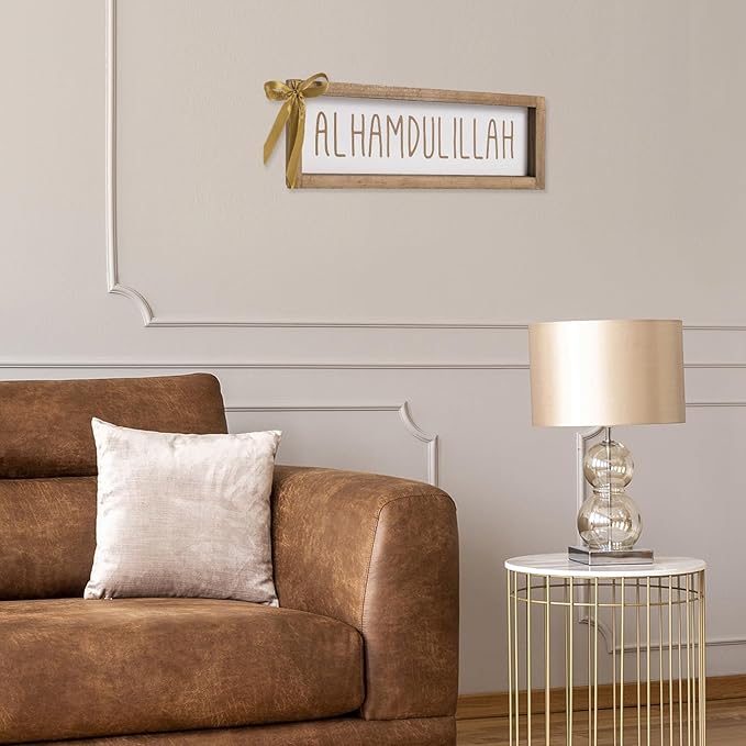 Alhamdulillah Sign, Wooden Ramadan Eid Mubarak Table Decor, Islamic Decorative Signage Wood Plaque Indoor Tabletop Centerpiece Wall Shelf Desk Mantel Rustic Decorations for Home, Muslim Gift