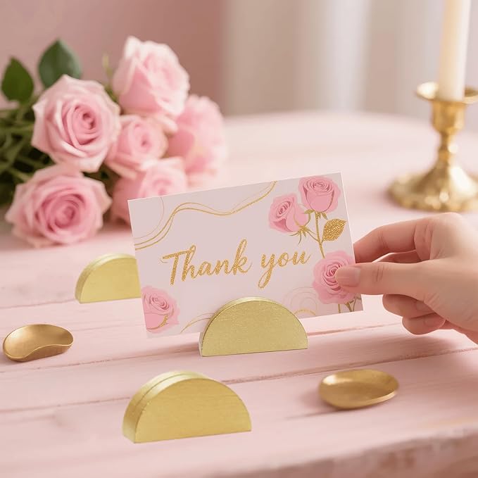 24 Pcs Gold Table Number Stands, Wooden Indoor Wedding Place Card Holders Semicircular Table Name Holder for Photos Office Tag Birthday Banquet Party Restaurant Menu