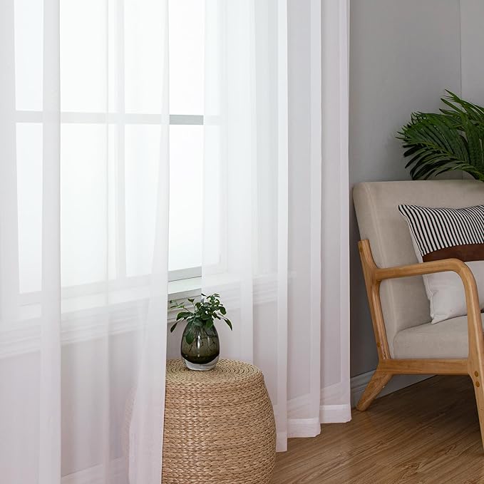 Lecloud White Sheer Curtains 84 Inches Long 2 Panels, Airy Solid Voile Window Curtain Drapes, Light Filtering Elegant Window Treatments for Bedroom Living Room with Rod Pocket, 40" W x 84" L