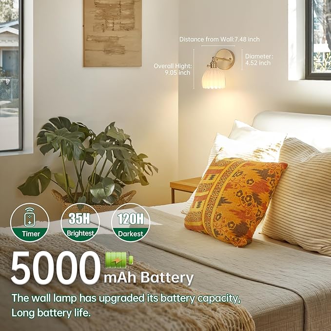 Vintage Battery Operated Wall Sconce with White Tulip Glass Lampshade 5000 mAh Rechargeable Battery Powered Wall Light with Remote Control for Bedside Bedroom Doorway, Set of 2