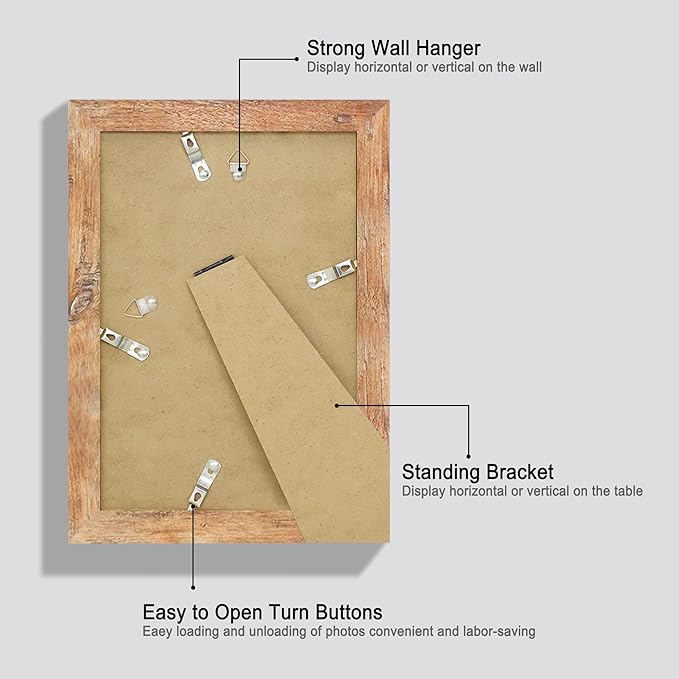 iRahmen 6x9 Picture Frame Set of 4, High Definition Real Glass Rustic Brown Frame, 6 x 9 Wood Photo Frames for Tabletop Display and Wall Mounting