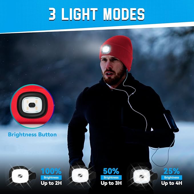 Christmas Stocking Stuffers for Men Adults, Beanie Hats with Light, USB Rechargeable LED Hand Free Headlamp, Birthday Gifts for Men, Women, and Teens, Ideal for Camping, Hiking, 2 Pack, Red