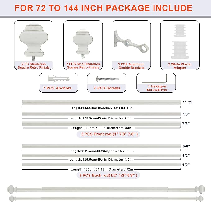 Double Curtain Rods for Windows 36 to 72 Inches, Heavy Duty Double Curtain Rod with Square Retro Finials and Double Aluminum Bracket, Adjustable Double Rod for Curtains,Antique White