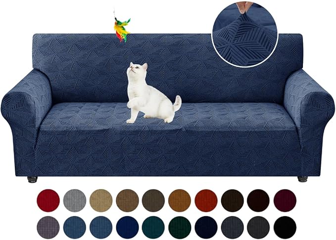 YEMYHOM 1 Piece Stretch Couch Covers for 3 Cushion Couch, Jacquard Sofa Cover with Non-Slip Elastic Bottom, Thickened Slipcover Furniture Protector for Dogs Pets (Large, Navy）