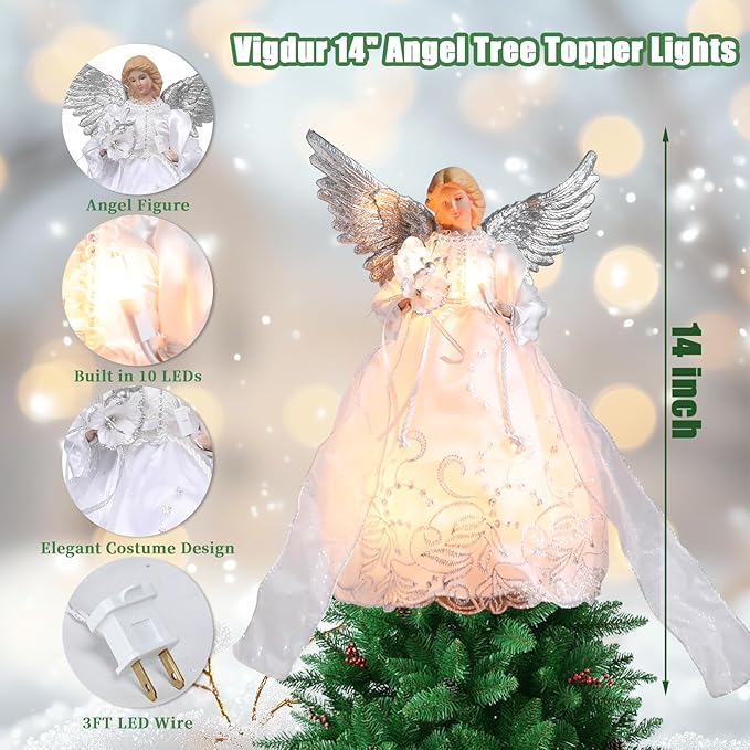 Vigdur Christmas Angel Tree Topper - 13Inch Lighted Angel Christmas Tree Topper Plug-in with LED Lights, Elegant Angel Christmas Decorations for Home Holiday Party Wedding Xmas Gifts