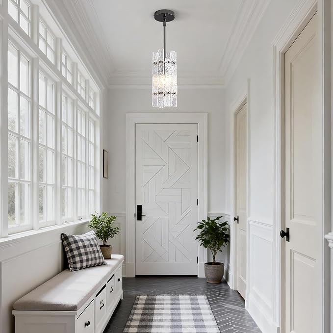 Modern Pearl Black Crystal Pendant Light for Kitchen Island, Luxury Mini Water Ripple Glass Chandelier Fixture, Square Adjustable Hanging Pendant Lighting for Dining Room Bedroom Hallway (1-Pack)