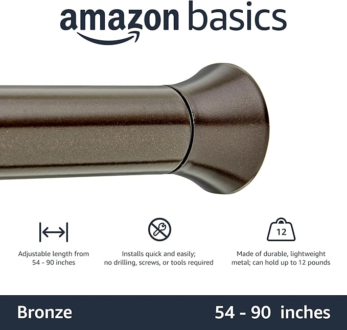 Amazon Basics Tension Curtain Rod, Adjustable 54-90" Width - Bronze, Classic Finial
