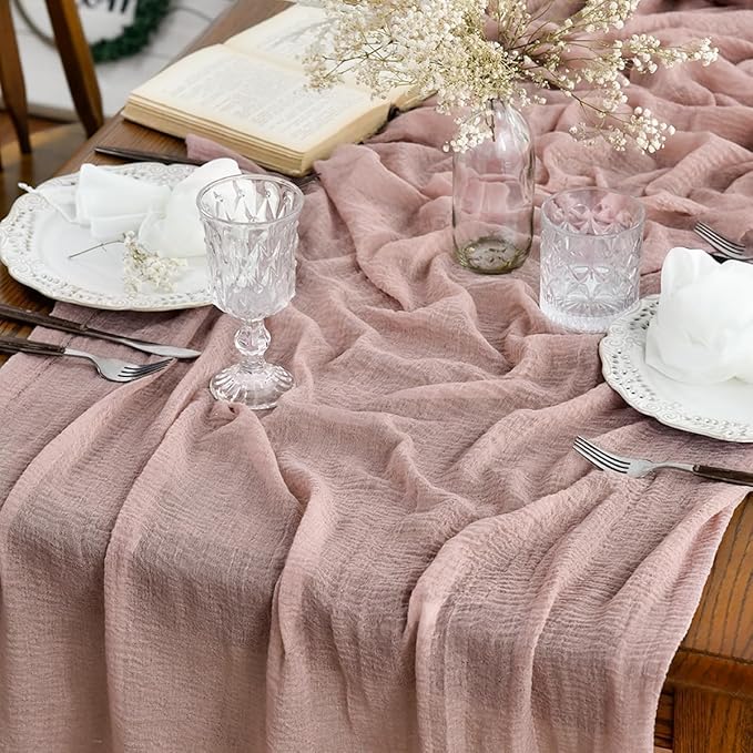 Artoid Mode Boho Cheesecloth Gauze Dusty Pink Wedding Table Runner, 160 Inch Seasonal Fabric Kitchen Dining Holiday Table Decor for Home Party Indoor