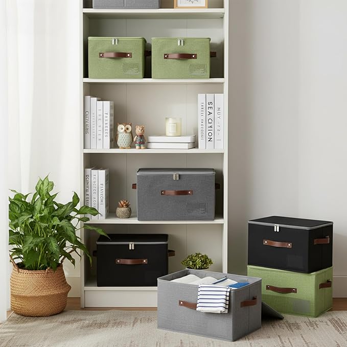 ANMINY 3PCS Storage Bins with Zipper Lid Storage Boxes with Label Holder PU Leather Handles Washable Foldable Decorative Lidded Cotton Linen Fabric Cubes Baskets Closet Organizer - Gray, Small