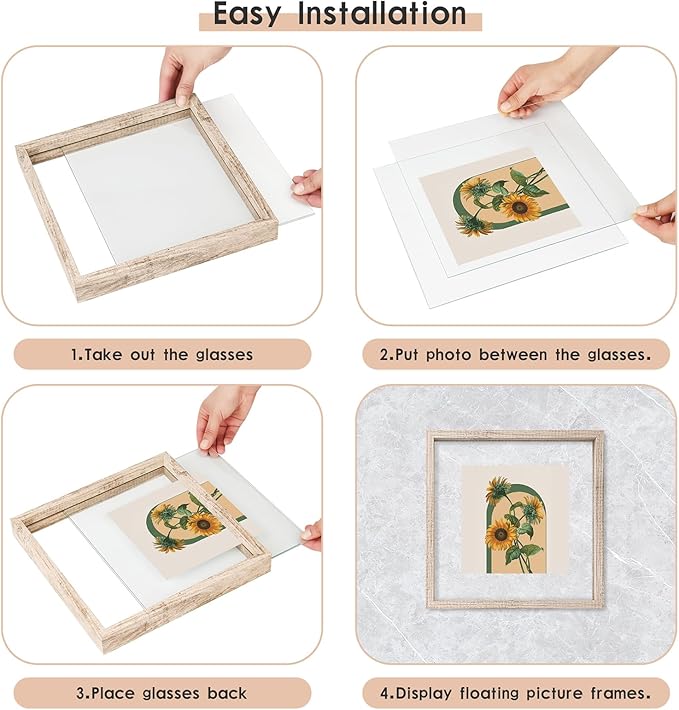 MUYE 12x12 Floating Frame Distressed Beige White Wood Pattern,Double Glass Square Picture Frame Set of 2 Display Any Size Photo up to 12x12,Wall Mount or Tabletop