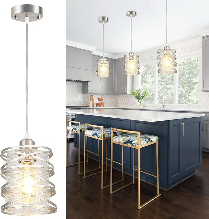 Brushed Nickel Pendant Light for Kitchen Island Spiral Iron Pendant Light Fixtures with Seeded Glass Shade, Adjustable Height Hanging Pendant Lighting for Dining Room Hallway Kitchen Foyer