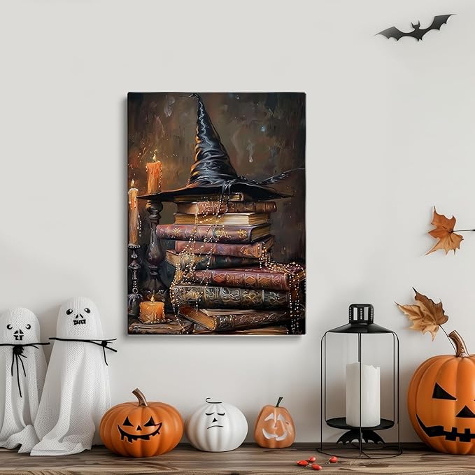 Vintage Halloween Witch Art Canvas Print - Cottage Witchy Hat and Magic Books Wall Art, Witch Painting for Reading Room, Bedroom, Dorm Decor - 08x10inch Unframed