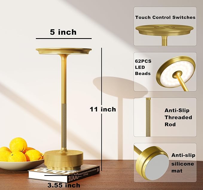 2 Pack Cordless Table Lamp, LED Rechargeable Table Light with 3 Temp Settings, Stepless Dimming, 5000mAh Battery, USB-C, Memory, Aluminum Alloy, for Home, Patio, Restaurant, Outdoor. Gold