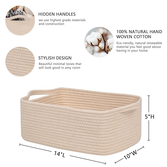 CubesLand Rectangular Cotton Rope Basket, 14x10x5 Inches, Beige, Nursery Storage Bin