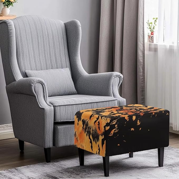 Rectangle Ottoman Cover Halloween Bat Ultra Stretch Small Ottoman Slipcover with Elastic Band Washable Foot Stool Covers Furniture Protector for Living Room Office Decor Size L
