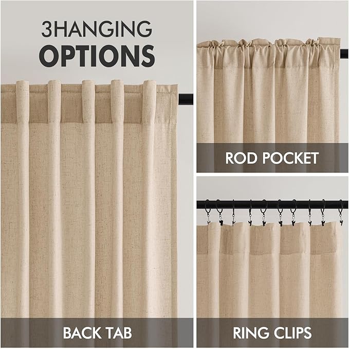 MIULEE Non-See-Through Privacy Linen Curtains 2 Panels, Light Filtering Window Curtains Farnhouse Textured Back Tab Semi Sheer Drapes for Bedroom Living Room, 52 x 84 Inches Long, Light Brown