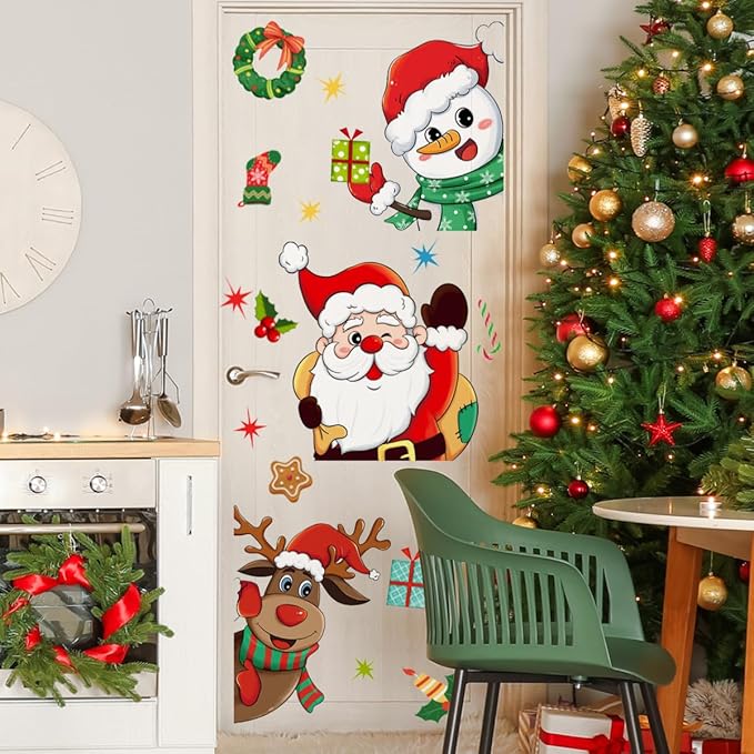 Christmas Door Decals Santa Claus Snowman Reindeer Door Stickers Cute Christmas Decals for Xmas Winter Holiday Living Room Bedroom Decorations
