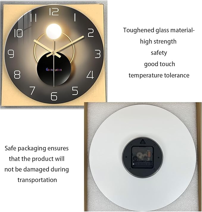 Black and Gold Wall Clock for Kitchen Glass Decorative Wall Clocks Battery Operated 12 Inch Round Silent Wall Clock Non Ticking