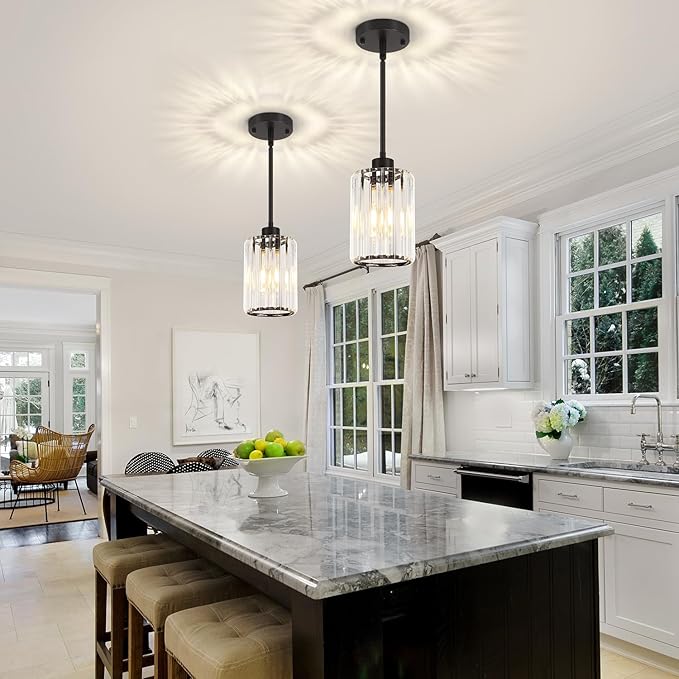 Black Pendant Light, Modern Crystal Pendant Lights Kitchen Island Lighting, Hanging Light Fixtures Mini Chandelier Pendant Lights for Island Dining Room Hallway Bedroom