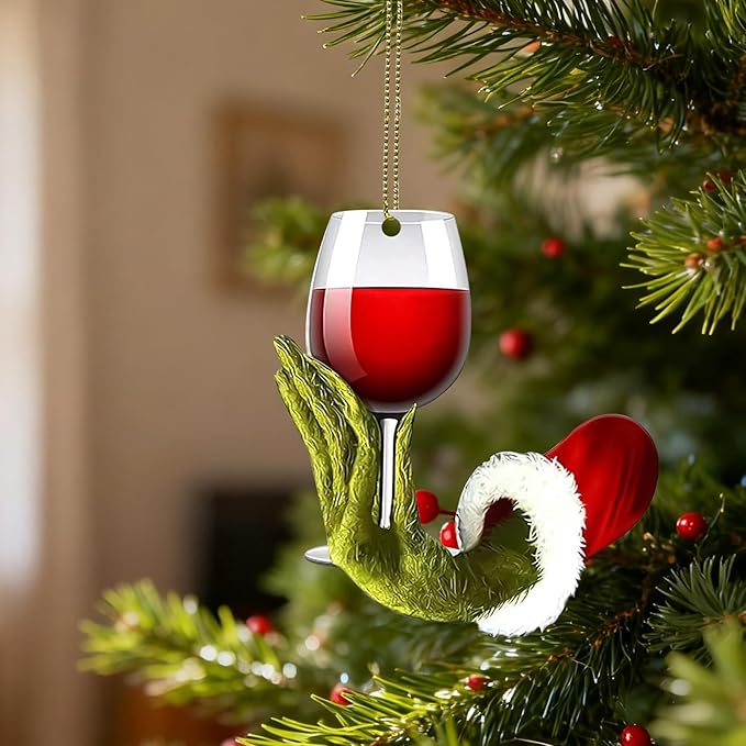 Wine Ornaments for Christmas Tree-2D Acrylic Wine Cup Green Hanging Decorations, Funny Christmas Ornaments,Unique Christmas Ornaments for Stocking Stuffers & Xmas Gifts