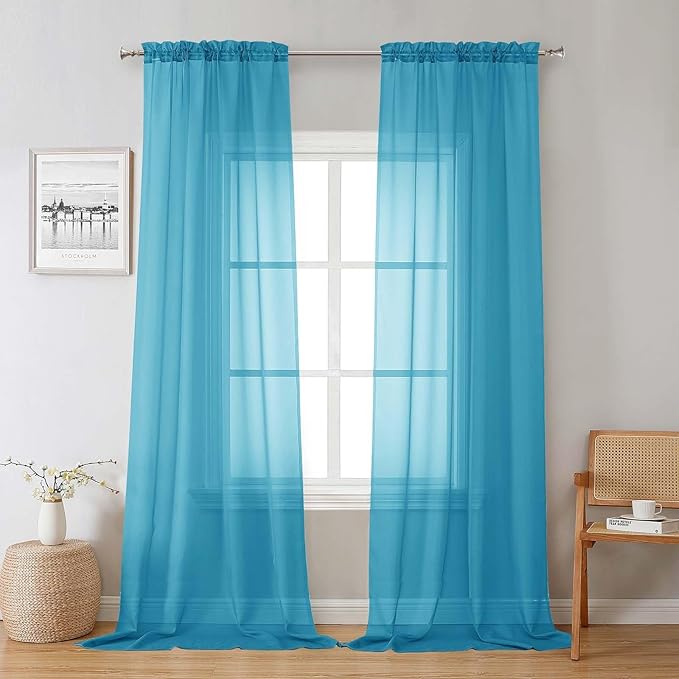 Lecloud Turquoise Sheer Curtains 96 Inches Long 2 Panels, Elegant Gauzy Airy Light Filtering Curtain, Voile Home Decor Drapes with Dual Rod Pocket for Bedroom Living Room, Each 42" W x 96" L