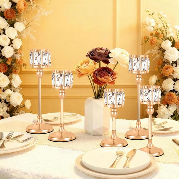 Crystal Tealight Candle Holders,Votive Candle Stands Wedding centerpieces for Tables Crystal Candlestick，Centerpiece Table Decorations (Gold, 4 Sets (12 Pieces))
