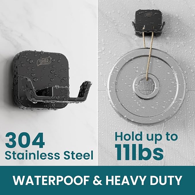 TAILI Patented Strong Suction Cup Hook, 304 Stainless Steel Bathroom Suction Cup Holder for Towel, Loofah, Bathrobe, Damage-Free Hanging Shower Wall Hook, Double-Hook Widening Design, 2 Pack, Black