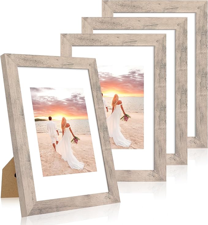 iRahmen 8x12 Picture Frame Set of 4 with High Definition Glass, Smoke Gray Frame Display 6x8 Picture with Mat or 8 x 12 Without Mat, Wood Rustic Photo Frames for Tabletop Display and Wall Mounting