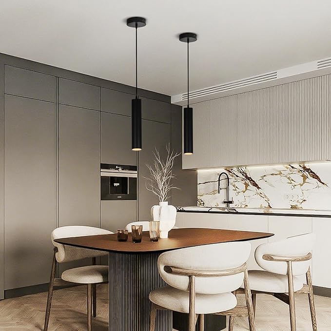 Modern Black Pendant Lights 2 Pack, LED Minimalist Pendant Lighting Fixture for Kitchen Island, Long Tube Hanging Light Cord Adjustable for Living Room Bedroom Dining Room Bar