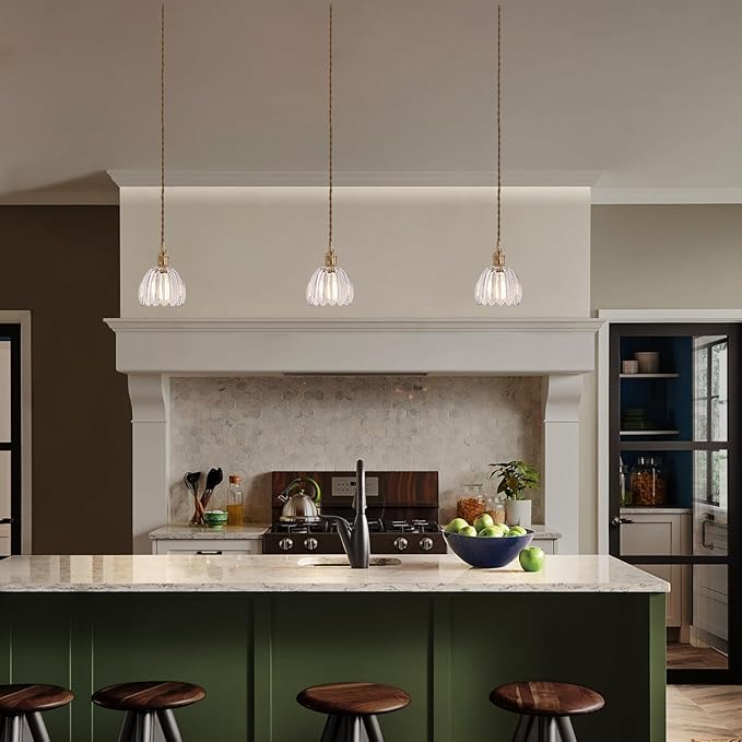 Pendant Light with Clear Tulip Glass Lmapshade, Brass Vintage Pendant Light Adjustable Hanging Light for Kitchen Island Dining Room Hallway