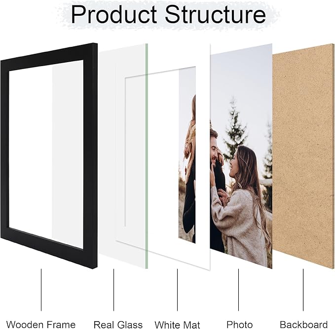 10x14 Picture Frame Set of 2, 10 x 14 Wood Photo Frames with Mat for 8x12 or 30x40cm Diamond Painting Art, Wooden Frame with Real Glass Cover for Wall and Tabletop Display,Black