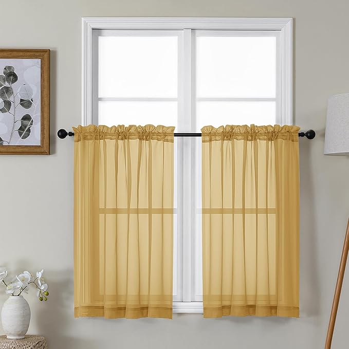 Gwine Gold Sheer Kitchen Curtains 36 Inch Length, Light Filtering Voile Soft Airy Small Cafe Curtains, Short Window Curtain for Bathroom Basement, 42x36 inch, 2PCS