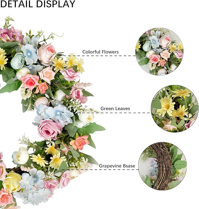 Artificial Wreath for Front Door, 16 Inch Spring Summer Wreath with Roses and Hydrangeas, Outdoor/Indoor All Season Home Decor, Farmhouse Wedding Wall Decor Gift
