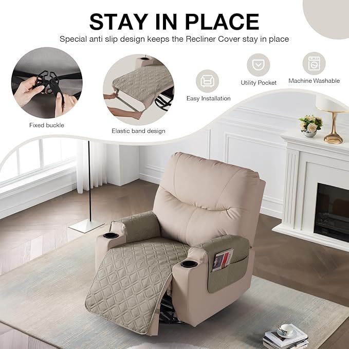 VANSOFY Recliner Chair Covers 100% Waterproof Seat Cover with Arm Reclining Cover Non-Slip Recliner Chair Covers Furniture Protector Washable Slipcover with Pocket for Pets, Dogs(Khaki, 22")