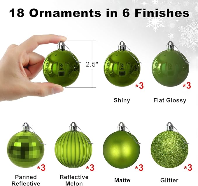 Lime Green 2.5" Christmas Balls Christmas Tree Decoration Ornaments Shatterproof Hanging Balls for Birthday Halloween Holiday Wedding Decorations Set of 18pcs