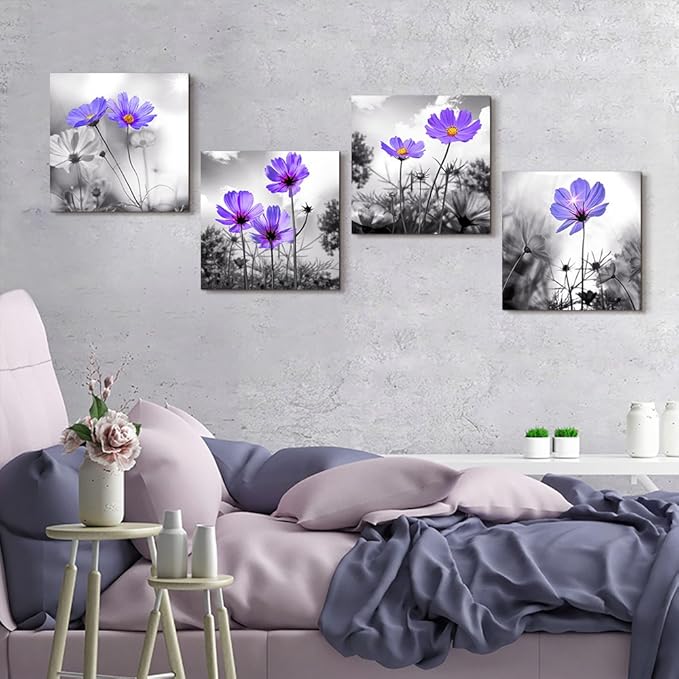 bathroom wall Decor wall art for bedroom Canvas Prints for kitchen poster pictures artwork Home wall Decorations for living room 16" x 16" 4 Pieces Framed Black and white landscape purple flowers