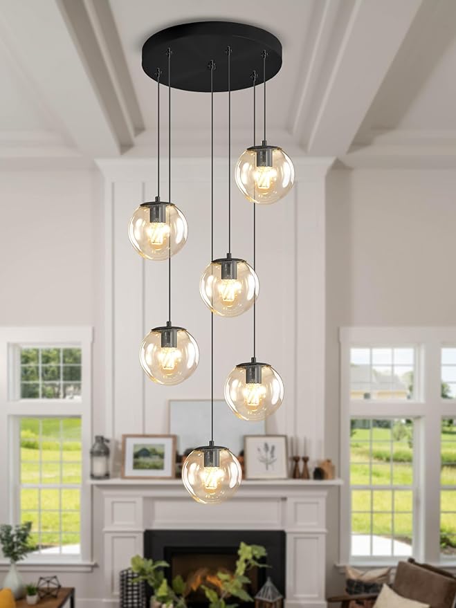 6-Light LED Staircase Modern Glass Globe Pendant Light Large Chandeliers for High Ceilings, Entryway Lighting Fixture Villas and Stairs